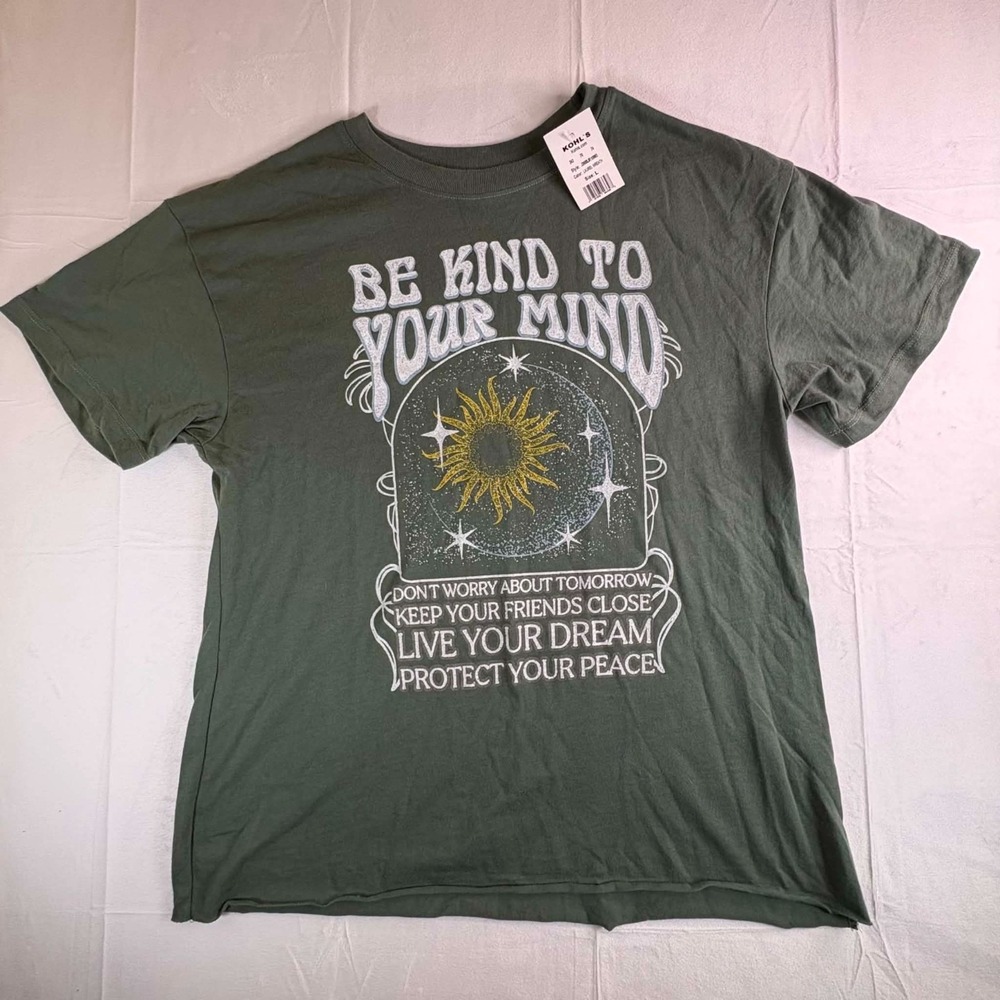 NWT Awake T Shirt women Large L Green Be Kind To Your Mind Celestial Sun Graphic